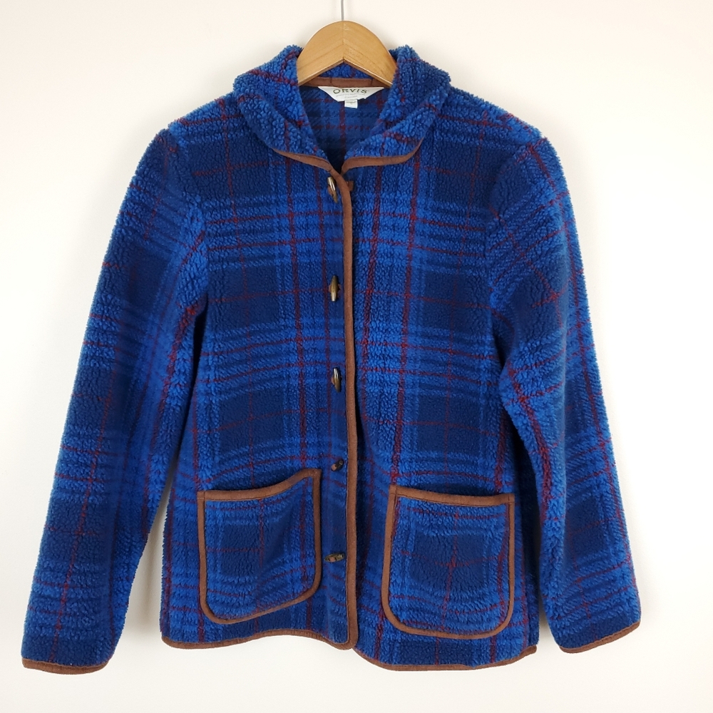 Orvis Blue Plaid Toggle Button Fleece Pea Coat